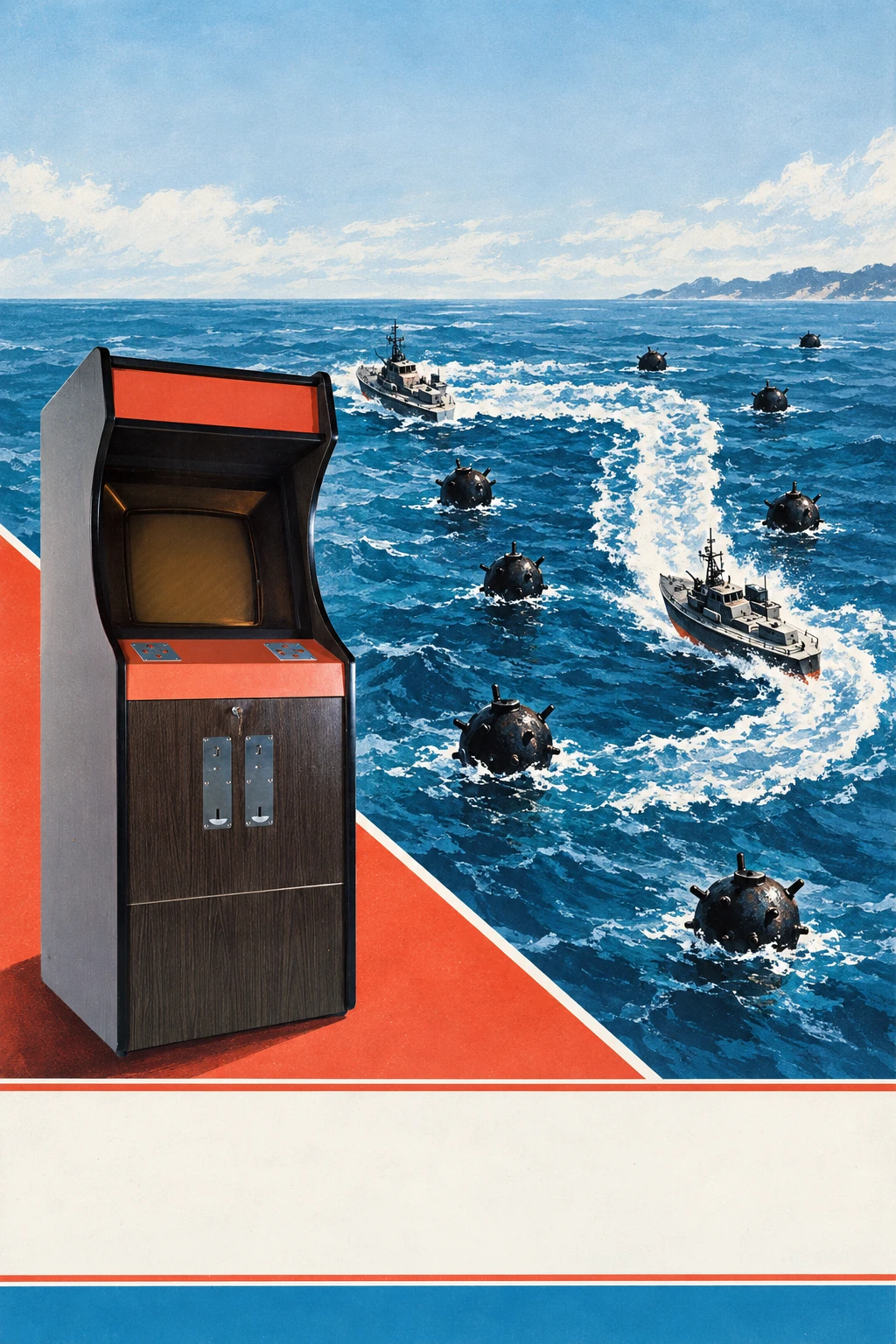 Modern Museum-inspired Mine Sweeper artwork with its wood cabinet at lower left, coral control deck, tall coin plates and a blue sea of mine trails.